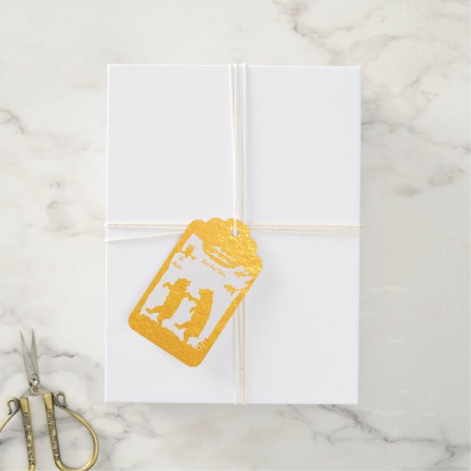 二頭の熊が木の下に踊りフクロウの枝 ギフトタグ (麻糸付属)