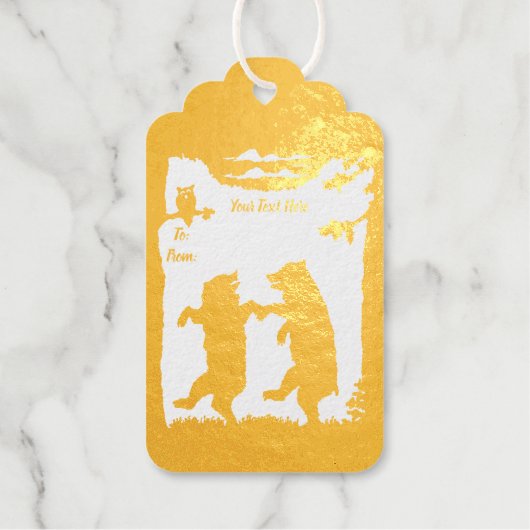 二頭の熊が木の下に踊りフクロウの枝 ギフトタグ (正面)