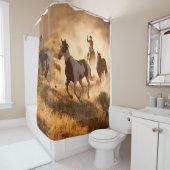 二頭の西洋のカウボーイが馬に乗り、野生のホールを鳴らす シャワーカーテン (インサイチュ)