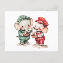 二頭の象の水彩イラストレーションと舟 ポストカード