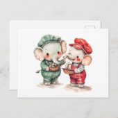 二頭の象の水彩イラストレーションと舟 ポストカード (正面/裏面)