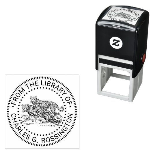 二頭の豹が立つ 図書館の本の名前 セルフインキングスタンプ (インサイチュ)