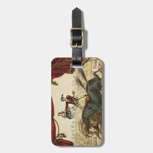 二馬法、サーカスのパフォーマンス、1874年頃。 ラゲッジタグ (正面縦)