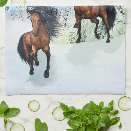 二馬雪景色 キッチンタオル (折り畳み)