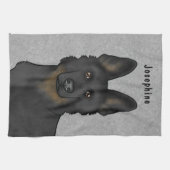二黒ドイツの羊飼い犬の頭とグレーの名前 キッチンタオル (横)