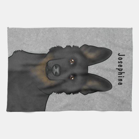 二黒ドイツの羊飼い犬の頭とグレーの名前 キッチンタオル (横)