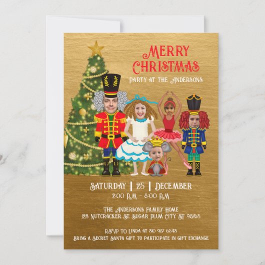 五つの金ゴールドクリスマスパーティーのナツクラッカーファミリー 招待状 (正面)