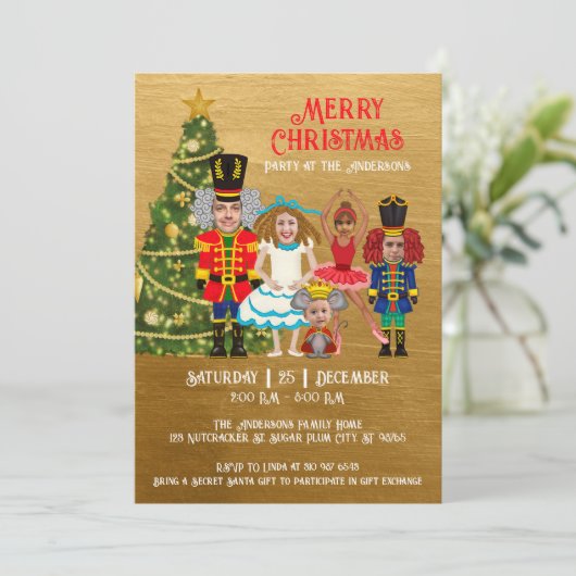 五つの金ゴールドクリスマスパーティーのナツクラッカーファミリー 招待状 (スタンド正面)