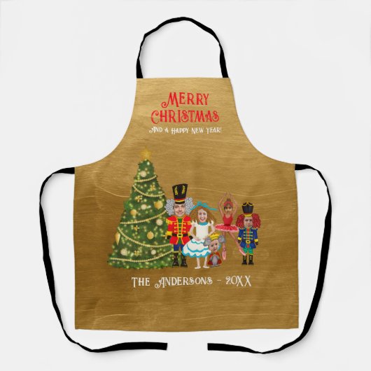 五つメリークリスマスのナツクラッカーおもしろいファミリー エプロン (正面)