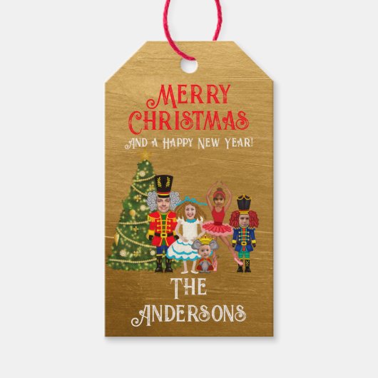 五つメリークリスマスのナツクラッカーおもしろいファミリー ギフトタグ (正面)