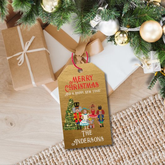 五つメリークリスマスのナツクラッカーおもしろいファミリー ギフトタグ