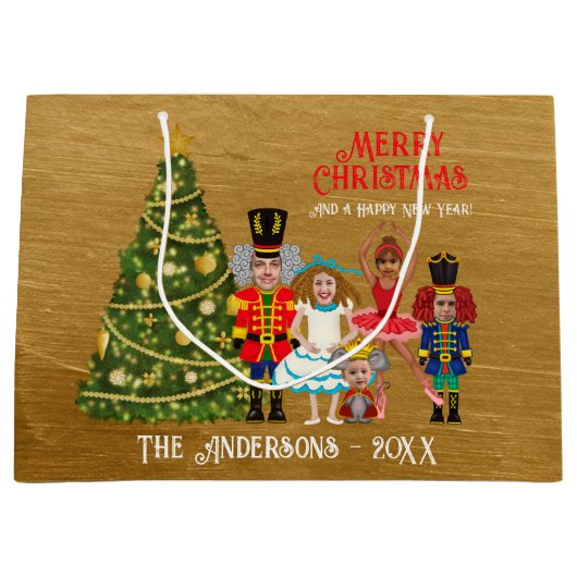 五つメリークリスマスのナツクラッカーおもしろいファミリー ラージペーパーバッグ (正面)