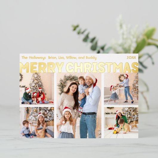 五はっきりした写モダンのメリークリスマス金ゴールド 箔シーズンカード (立ち正面)