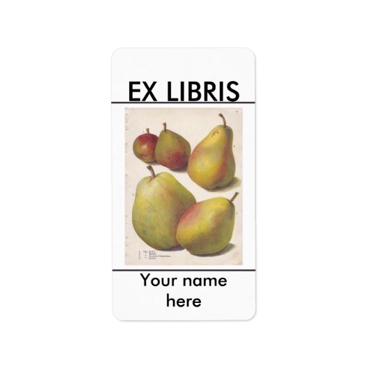 五ヴィンテージ梨図解入りの、写真付きの蔵書票 ラベル (正面)
