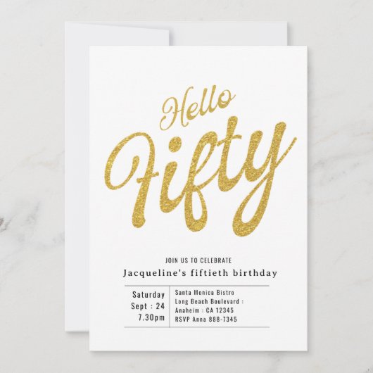 五万白モダン金ゴールド50誕生日 招待状 (正面)