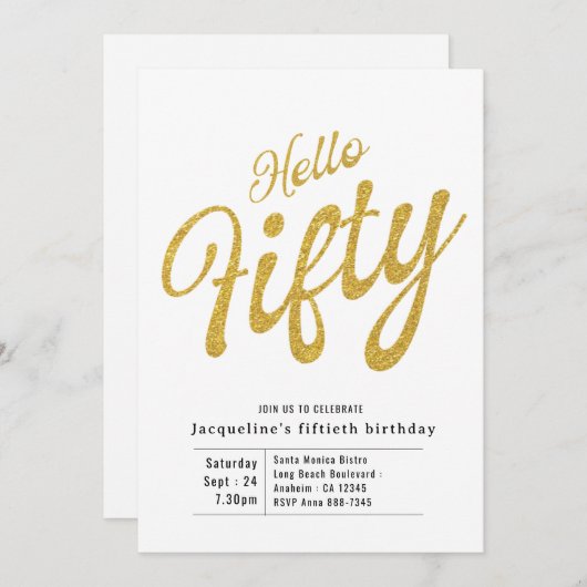 五万白モダン金ゴールド50誕生日 招待状 (正面/裏面)