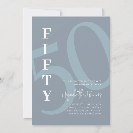 五十はっきりした誕生日 |ほこりっぽいブルーモダン誕生日 招待状 (正面)