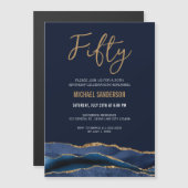 五十 |ネイビーブルー金ゴールドアガテ男子50誕生日 マグネット招待状 (正面/裏面)