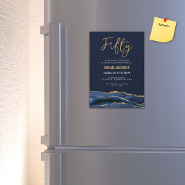 五十 |ネイビーブルー金ゴールドアガテ男子50誕生日 マグネット招待状
