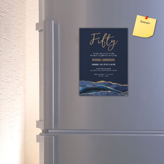 五十 |ネイビーブルー金ゴールドアガテ男子50誕生日 マグネット招待状