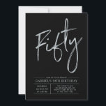 五十 |モダンブラック&シルバー50thバースデーパーティー 招待状<br><div class="desc">祝お誕生日パーティーの招待シンプルスタイリッシュ50日の特別な日。このデザインは、ブラック&シルバーカラーコンボでクリーンなレイアウトを備えたシックなブラシスクリプト"Fifty"を備えている。私のショップBaraBomDesignでは、より多くのデザインやパーティーの供給が利用可能である。</div>
