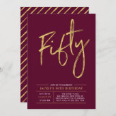 五十 |モダン金ゴールド&ブルゴーニュ50th誕生日パーティー 招待状 (正面/裏面)