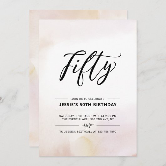 五十 |第ミニマル50回バースデーパーティー水彩画 招待状 (正面/裏面)