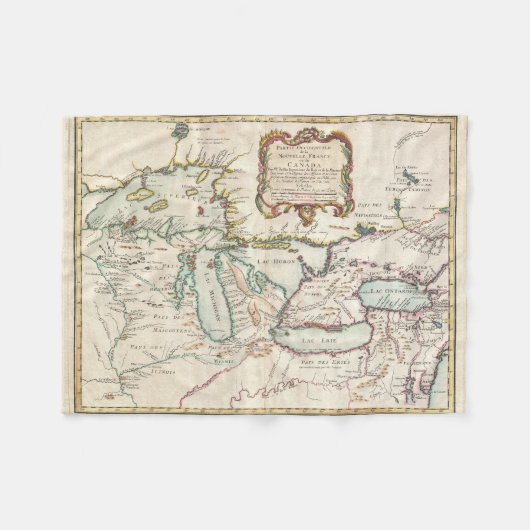 五大湖(1755年)のヴィンテージの地図 フリースブランケット (正面(横))