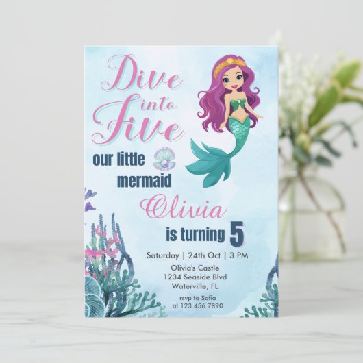 五紫の人魚の女の子に飛び込む5誕生日 招待状 (スタンド正面)
