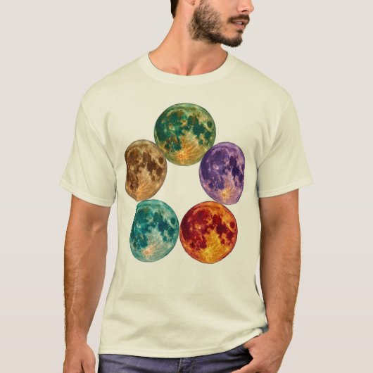 五色の幻想的な月 - サプライズビンテージ天文学アート Tシャツ (正面)