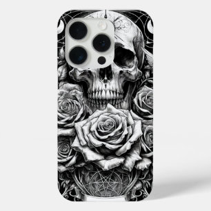 五芒星のドクロ スカル&バラ タロットアート iPhone 15 PROケース