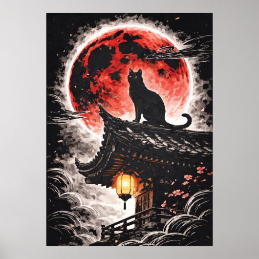 五重塔の屋根の黒猫と赤い月 - 和風アート ポスター (正面)