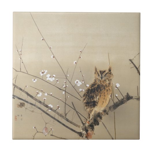 五雲鴉図と早春の紅梅の花の浮世絵 タイル (正面)