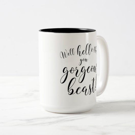 井戸こんにちはそこに豪華な獣! タイポグラフィ ツートーンマグカップ (正面右)