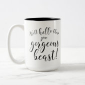 井戸こんにちはそこに豪華な獣! タイポグラフィ ツートーンマグカップ (左)