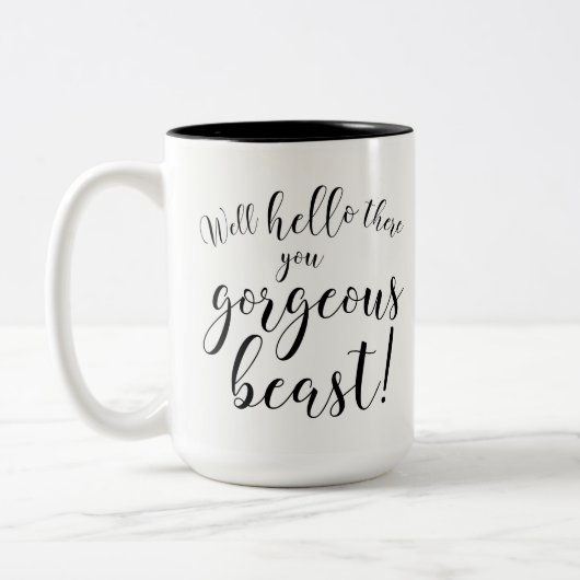 井戸こんにちはそこに豪華な獣! タイポグラフィ ツートーンマグカップ (左)