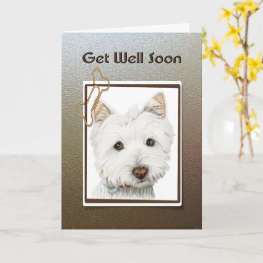 井戸を、かわいいwestie犬の挨拶状すぐに得て下さい カード (黄色い花)