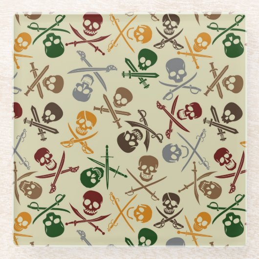 交差させた剣が付いている海賊スカル ガラスコースター (正面)