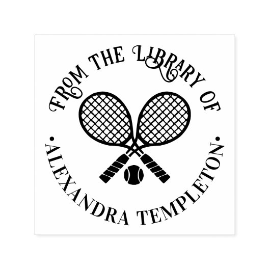 交差するテニスラケット ラウンド ライブラリー 本の名前 セルフインキングスタンプ (デザイン)