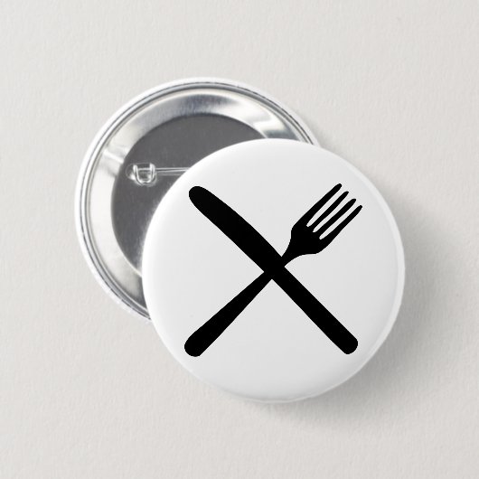 交差する食事用器具類のフォークおよびナイフ 缶バッジ (正面&裏面)