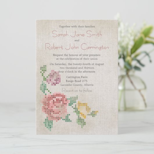 交差ステッチのアンティークの結婚式招待状 招待状 (スタンド正面)