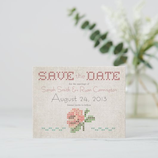 交差ステッチの旧式な結婚式の保存日付カード セーブザデート (スタンド正面)