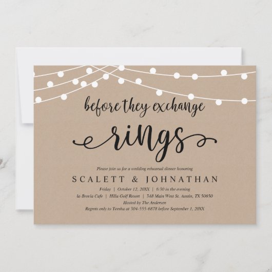 交換指輪の前に、素朴なリハーサルディナー 招待状 (正面)