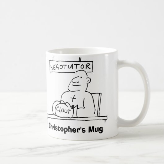 交渉人はボクシング手袋とクロウトを持っている。[名前を追加]: コーヒーマグカップ (右)