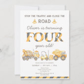 交通を止めろ！トラック建設4歳誕生日 招待状 (正面)