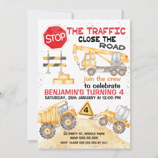 交通を止めろ！道路工事の誕生日 招待状 (正面)