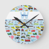 交通カラフルと自動車の子どものパターン ラウンド壁時計 (正面)