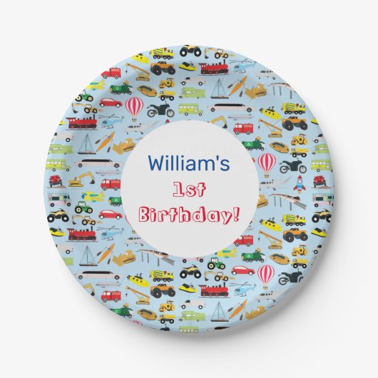 交通カラフル車の子供の名前 ペーパープレート (正面)