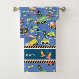 交通キッズブルー。ウォッシュタオル バスタオルセット
