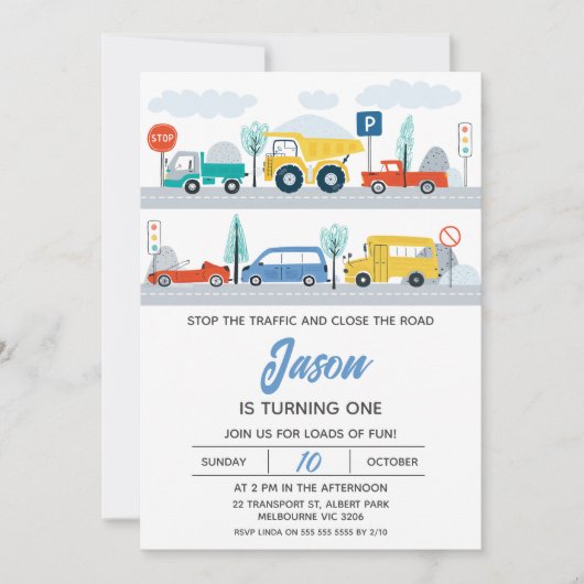 交通ストップ交通カラフル第1の誕生日 招待状 (正面)